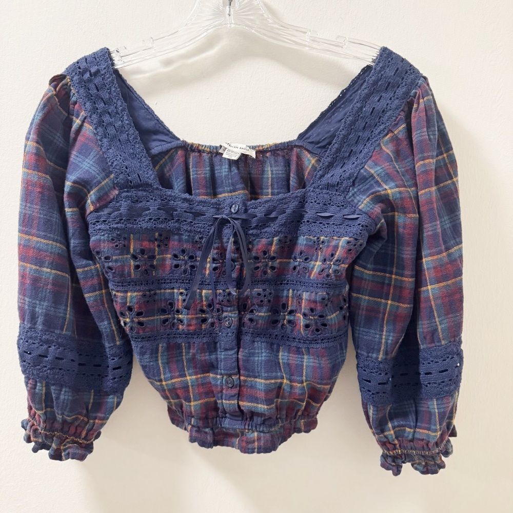 American Eagle Outfitters Navy Plaid Lace Blouse